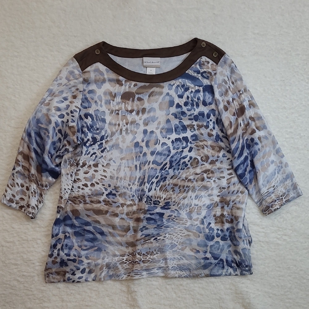 Alfred Dunner Blue & Brown Animal Print Lightweight Sweater with Suede-like neck